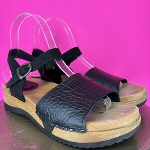 Sanita Rhoda Croc Embossed Black Leather Wood Platform Sandal EU 38